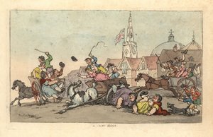 Ein Wagenrennen in einer englischen Stadt mit einem Unfall im Vordergrund von Thomas Rowlandson