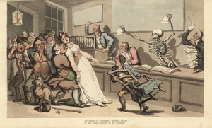 Eine Frau stirbt vor Schock beim Anblick eines leeren Papierstücks, das vom Skelett des Todes in einem Lotteriebüro geschwenkt wird. Handkolorierte Kupferstichzeichnung und -gravur von Thomas Rowlandson von Thomas Rowlandson