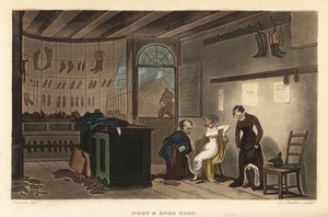 Schuh- und Stiefelladen: Frauenkunden probieren Schuhe und Stiefel bei einem Schuster in Leatherhead an. Handkolorierte Kupferstichgravur von Thomas Rowlandson, Aquatinta von J.C. Stadler, nach einer Skizze von J. Green aus Poetical Sketches of Scarborough von Thomas Rowlandson