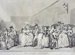 Box Lobby Loungers, geätzt von Rowlandson nach einem Entwurf von Henry Wigstead, veröffentlicht von John Raphael Smith, 1786