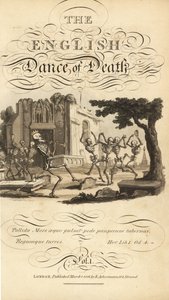 Kalligraphischer Titel und Vignette von Skeletten, die mit Tamburinen und Hörnern auf einem Friedhof in der Nähe einer zerstörten Kirche tanzen. Handkolorierte Kupferplatte, gezeichnet und graviert von Thomas Rowlandson aus The English Dance of Death, Acke