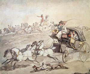 Kutschen und Reiter in voller Geschwindigkeit über offenes Grasland, ca. 1800 von Thomas Rowlandson