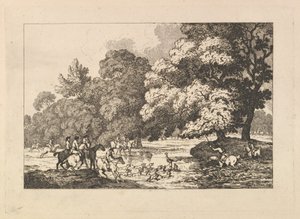 Hirschjagd – Eine Landschaftsszene mit Hirsch und Hunden in einem Fluss von Thomas Rowlandson