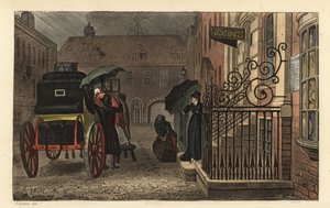 Abreise: Touristen laden Gepäck in einen Wagen vor einem Hotel im Regen. Handkolorierte Kupferstichgravur von Thomas Rowlandson, Aquatinta von J.C. Stadler, nach einer Skizze von J. Green aus Poetical Sketches of Scarborough, Ackermann, London