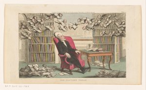 Doktor Syntax schlafend in einer Bibliothek