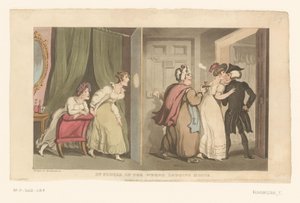 Doktor Syntax wird von zwei Frauen durch eine Tür geführt von Thomas Rowlandson