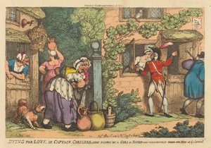Sterben aus Liebe, oder Captain Careless wird von einem fünfzehnjährigen Mädchen erschossen, das unerwartet ihren Kopf aus einem Fenster steckte von Thomas Rowlandson