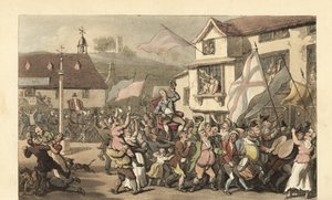 Englischer Herr in einer Sänfte für eine Wahl getragen von Thomas Rowlandson