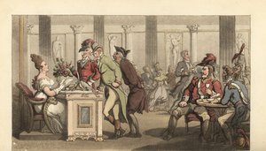 Englischer Gentleman flirtet mit der schönen Limonadiere in einem Café in Paris