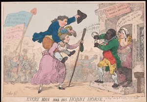 Jeder Mann hat sein Steckenpferd, veröffentlicht 1784 (handkolorierter Stich) von Thomas Rowlandson