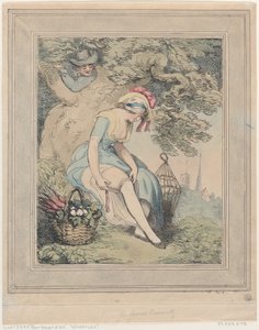 Mädchen mit einem Korb und Vogelkäfig, das ihr Strumpfband richtet, 1785-1795 von Thomas Rowlandson