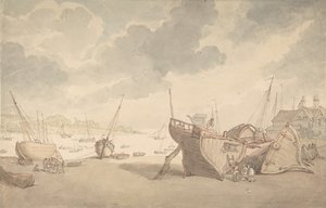 Hafenszene bei Ebbe mit gestrandeten Booten, 1775-1827