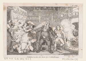 Gastgeberin entleert eine Pfanne Blut ins Gesicht von Pfarrer Andrews, aus The Adventures of..., 1792