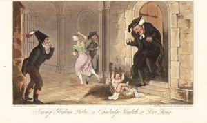 James Gordon, ein berüchtigter Trunkenbold aus Cambridge, hinterlässt als Streich ein Baby vor dem Haus eines College-Dekans. Jemmy Gordons Streich oder Cambridge-Gambols im Peter House. Handkolorierte Kupferplatte, gezeichnet und graviert von Thomas Rowla