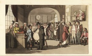 Johnny sucht Arbeit in einem Registrierungsbüro für Hausangestellte. Männer und Frauen mit Monokeln untersuchen Träger, Dienstmädchen und anderes Personal. Handkolorierte Kupferstichgravur von Thomas Rowlandson aus William Combes Die Geschichte von Johnny 