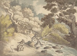 Landschaft mit reißendem Bach und einem Paar am Ufer, erschrocken von einer Schlange von Thomas Rowlandson