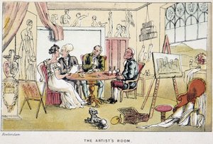 Der Doktor in einem Künstleratelier - in „Die drei Reisen des Doktor Syntax: auf der Suche nach dem malerischen Trost und einer Frau“ von William Combe, ill. Rowlandson von Thomas Rowlandson
