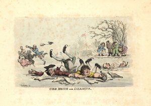 Männer und Frauen, die auf dünnem Eis Schlittschuh laufen und in einen gefrierenden Fluss fallen