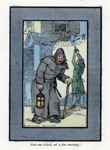 Nachtwächter mit seiner Laterne und seinem Stock, unaufmerksam gegenüber zwei Einbrechern, die ein Haus betreten (1819). Holzstich, basierend auf einem Gemälde von Thomas Rowlandson (1756-1827), veröffentlicht in The Cris of London.