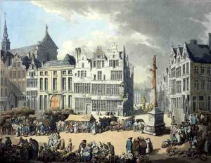 Place de Mier in Antwerpen, graviert von Wright und Schutz, veröffentlicht von Rudolph Ackermann