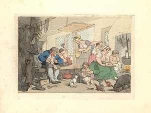 Schuster aus der Regency-Zeit, der in einem überfüllten Raum Schuhe repariert von Thomas Rowlandson