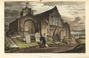 Die Kirche: alte Touristen lesen die Grabsteine auf einem gotischen Kirchhof. Handkolorierter Kupferstich von Thomas Rowlandson, Aquatinta von J.C. Stadler, nach einer Skizze von J. Green aus Poetical Sketches of Scarborough, Ackermann, London von Thomas Rowlandson