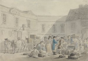 Das Zollhaus in Boulogne - verso: Graphitskizze von Pferden, Kutschen und Gebäuden von Thomas Rowlandson