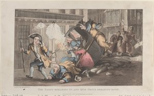 Die Party löst sich auf, und Quae Genus bricht zusammen, aus Die Geschichte von John..., 1. Dezember 1821 von Thomas Rowlandson