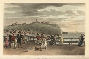 Die Spa-Terrasse: Touristen machen einen Spaziergang an einem windigen Tag auf der Cliff Terrace. Handkolorierter Kupferstich von Thomas Rowlandson, Aquatinta von J. C. Stadler, nach einer Skizze von J. Green aus Poetical Sketches of Scarborough, Ackermann