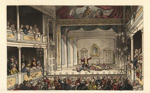 Das Theater: Touristen genießen ein Stück im Scarborough Theatre. Handkolorierter Kupferstich von Thomas Rowlandson nach einer Skizze von J. Green aus Poetical Sketches of Scarborough, Ackermann, London von Thomas Rowlandson