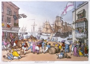 Der Bezirk Portsmouth, Karikatur, die Aktivitäten dieses englischen Hafens beschreibend