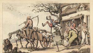 Der Tod und der alte Mann Zeit kommen, um den alten Ehemann von Goody Barton zu holen, aber der Wagen ist bereits voller Leichen. Handkolorierte Kupferplatte, gezeichnet und graviert von Thomas Rowlandson aus The English Dance of Death, Ackermann, London von Thomas Rowlandson