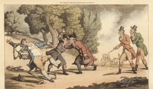 Der Tod trägt einen Verwundeten weg, bevor der Arzt ihn nach einem tödlichen Duell mit Pistolen in einem Park behandeln kann. Handkolorierte Kupferplatte gezeichnet und graviert von Thomas Rowlandson aus The English Dance of Death, Ackermann, London von Thomas Rowlandson