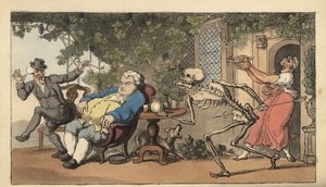 Der Tod kommt für Tom Higgins, einen Maurerjungen, der vor einem Gasthaus auf ein Gericht wartet. Handkolorierte Kupferplatte, gezeichnet und graviert von Thomas Rowlandson aus The English Dance of Death, Ackermann, London