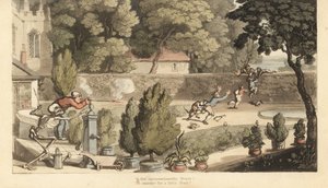 Das Skelett des Todes hilft einem Grundbesitzer, mit einem Musketen auf Jungen zu zielen, die in seinem Garten wildern und versuchen, über eine Mauer zu fliehen. Handkolorierte Kupferstichzeichnung und -gravur von Thomas Rowlandson aus The English Dance of von Thomas Rowlandson