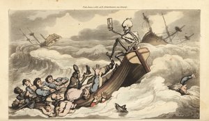 Der Skelett des Todes hält das Ruder auf einem Ruderboot, das einem Schiffswrack entkommt, während seine verzweifelte Besatzung zum Ufer rudert und Passagiere in den Wellen ertrinken. Handkolorierte Kupferplatte gezeichnet und graviert von Thomas Rowlandso
