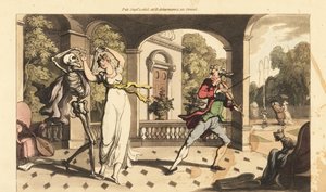 Das Skelett des Todes in einem Umhang tanzt einen letzten Walzer mit der zerbrechlichen Caelia, während ihr Tanzlehrer entsetzt zusieht. Handkolorierte Kupferplatte gezeichnet und graviert von Thomas Rowlandson aus „The English Dance of Death“, Ackermann,  von Thomas Rowlandson