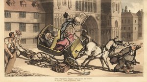 Das Skelett des Todes in Mantel und Mütze fährt eine zweispännige Kutsche, die in Straßenarbeiten stürzt und seinen Passagier, einen Gerichtsbeamten, tötet. Handkolorierte Kupferstichzeichnung und -gravur von Thomas Rowlandson aus The English Dance of Deat von Thomas Rowlandson