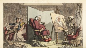 Der Tod malt ein Porträt eines Stadtrats, während seine junge Dienerin hinter dem Paravent mit einem galanten Künstler flirtet. Handkolorierte Kupferplatte gezeichnet und graviert von Thomas Rowlandson aus The English Dance of Death, Ackermann, London von Thomas Rowlandson
