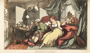 Der Skelett des Todes schenkt ein tödliches Glas Wein für den alten Narren Sir Peter auf seiner Hochzeitsreise ein, während seine junge Frau Julia mit Major Henry am Fenster flirtet. Handkolorierte Kupferplatte gezeichnet und graviert von Thomas Rowlandson
