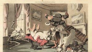 Der Tod wirft seinen Pfeil auf einen Mann, der von einer Treppe fällt, während er eine Uhr über dem Kamin aufzieht. Er fällt auf seine Frau in einem Stuhl (Handkolorierte Kupferstich von Thomas Rowlandson)