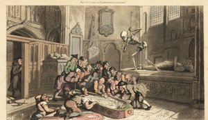 Das Skelett des Todes beobachtet Antiquitätenhändler, die die Leiche eines Königs aus einer Krypta in einer Kirche exhumieren. Handkolorierte Kupferplatte gezeichnet und graviert von Thomas Rowlandson aus „The English Dance of Death“, Ackermann, London von Thomas Rowlandson