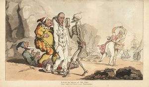 Der Tod mit Stundenglas und Pfeil kommt für einen Pierrot und andere Clowns, während ein Harlekin mit einer Frau am Strand tanzt (Handkolorierte Kupferstich von Thomas Rowlandson)