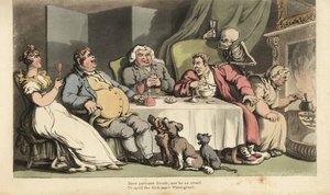 Das Skelett des Todes mit Sanduhr kommt für den kranken Mann, während er Grütze am Esstisch mit seinen Trinkkumpanen vor dem Kamin isst. Handkolorierte Kupferplatte, gezeichnet und graviert von Thomas Rowlandson aus The English Dance of Death, Ackermann, L