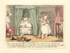 Frau verschüttet nachts einen Krug Wasser über sich von Thomas Rowlandson