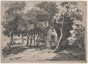 Waldszene mit Figuren an der Tür eines Häuschens, 1783-1788