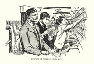 Sortierer bei der Arbeit im Postwagen (Lithografie) von Thomas Somerfield