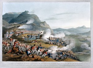 Ein Blick auf die Sierra de Busaco in St. Antonio de Cantaro, zeigt den Angriff von Marschall Reigniers, graviert von Charles Turner, veröffentlicht 1812 von Thomas Staunton St. Clair