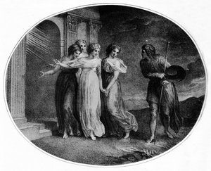 Klugheit, Frömmigkeit, Nächstenliebe und Diskretion laden Christian in den Palast Beautiful ein, 1789, 1912 von Thomas Stothard