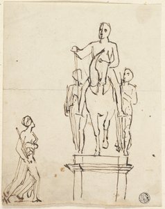 Skulptur eines Reiters begleitet von zwei stehenden Figuren, mit Skizze einer der letzteren